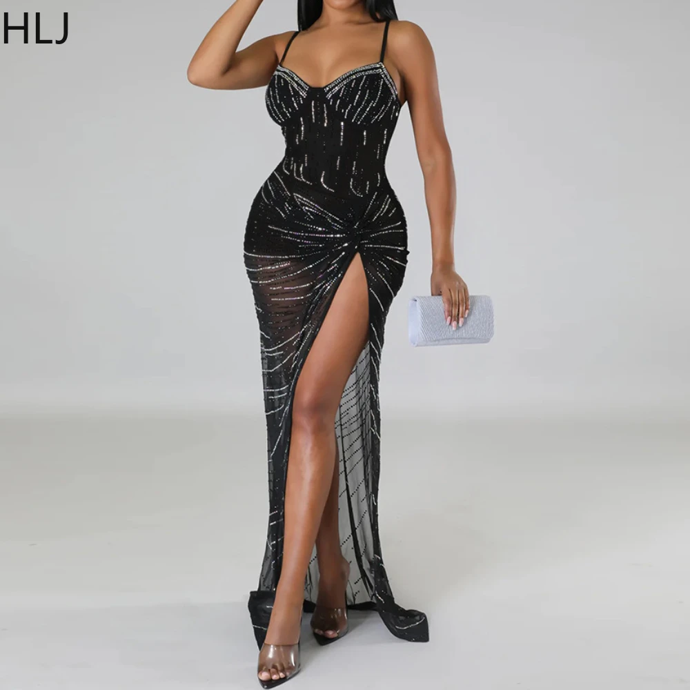 HLJ Black Fashion V Neck Sequin See Though Spaghetti Strap Long Dresses Women Sleeveless Backless Slit Vestidos Female Clothing