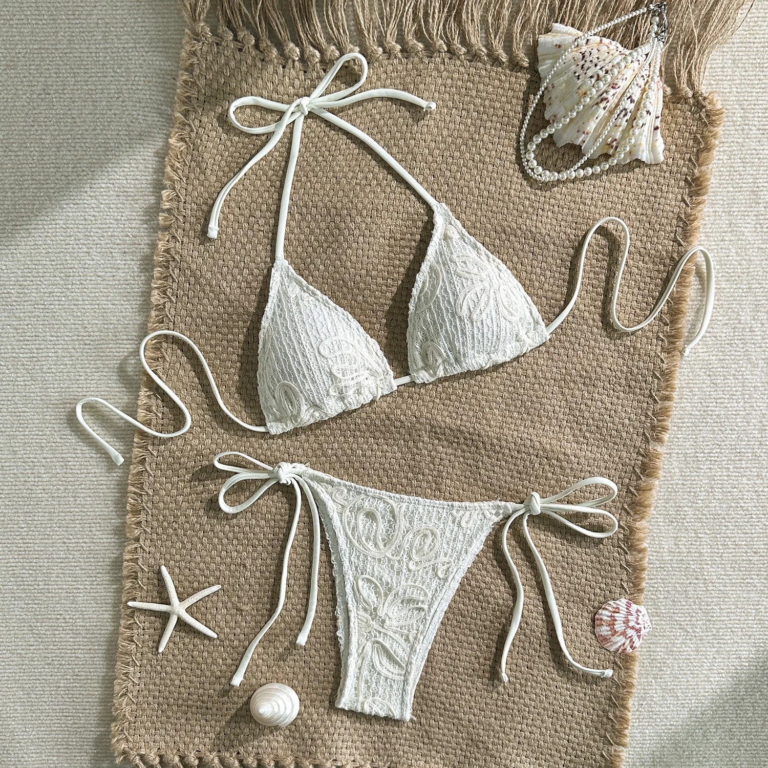 Women 2 Piece Retro Wavy Embroidery Bikinis Set Hollow Mesh Abstract Curve Embroidery Halter Self-Tie Triangle High Cut Bikini