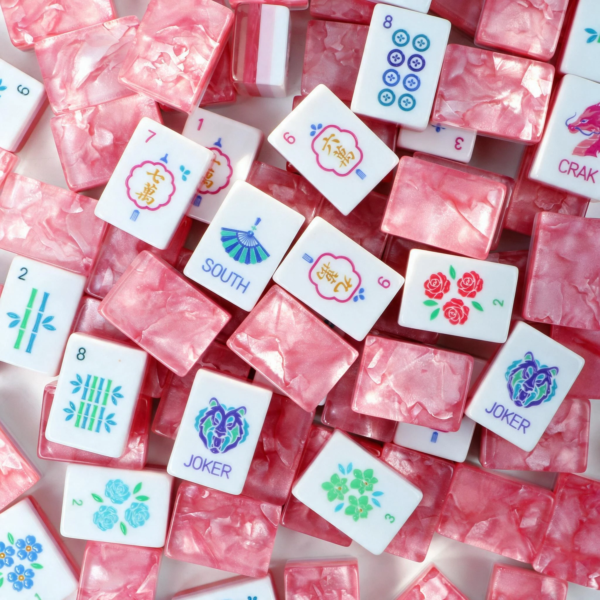 Pink Transparent Acrylic Mahjong Sets Luxury American 160 Tiles Ice Crack Pattern Mah Jongg Fan Wind Tiger Joker Dragon Tiles