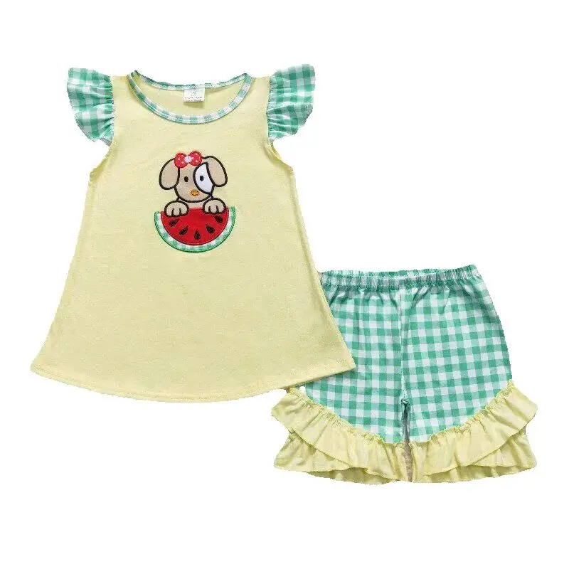 

RTS wholesale kids clothing toddler girl puppy and watermelon embroidery shorts set girls summer outfit girls child clothes set