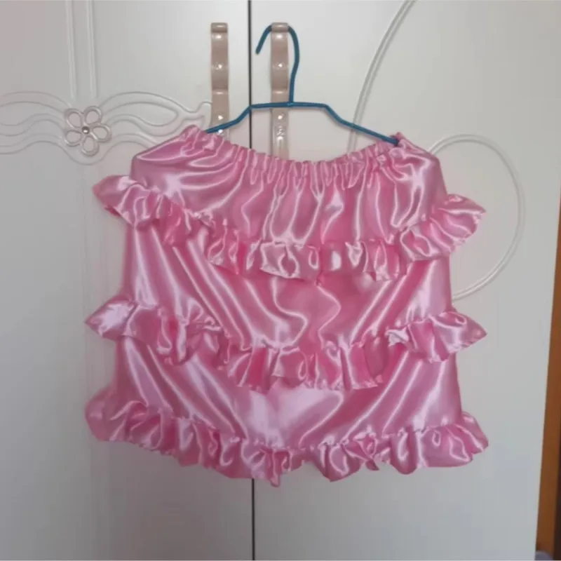 

Pink Men's Half-body Sweet Cute Cake Skirt Satins Soft Silk Short Skirt Elastic Waist Sexy Sissy Cross-dressing Cosplay Costume