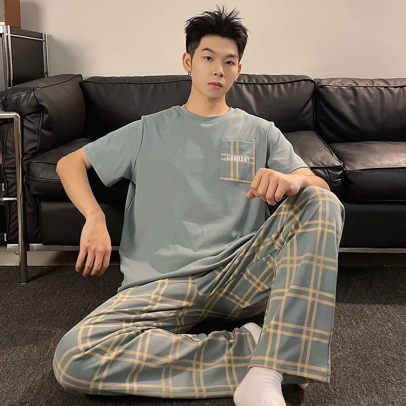 2 Pieces Set Cotton Nightwear for Men Short Sleeves Long Pant Homewear Young Boy Summer Home Clothes Hombre Pijamas Pyjamas