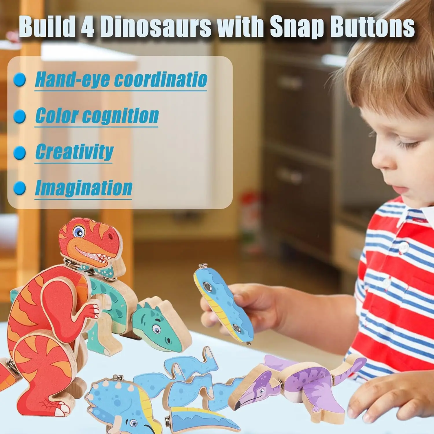 Dinozaury Drewniane Klocki Konstrukcyjne, Montessori Zabawki Dinozaury do Łączenia, Edukacyjne Prezenty STEM Rozwijające Motorykę Małą dla Dzieci 3