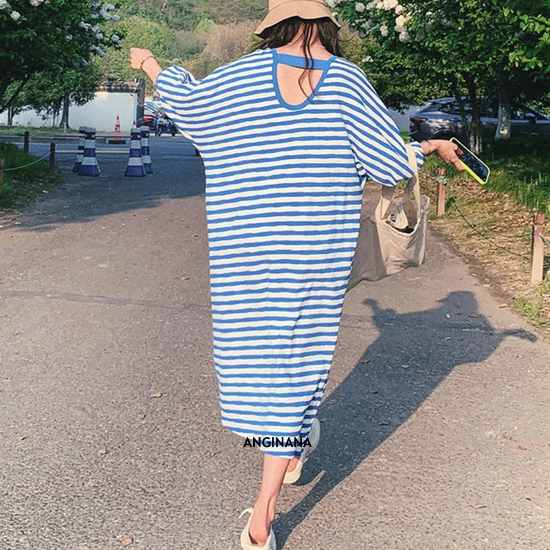 Summer  Large Size10XL 150kg Women's Blue Stripe Dress O-Neck Short Sleeve Loose Relaxed Dalian big Dress