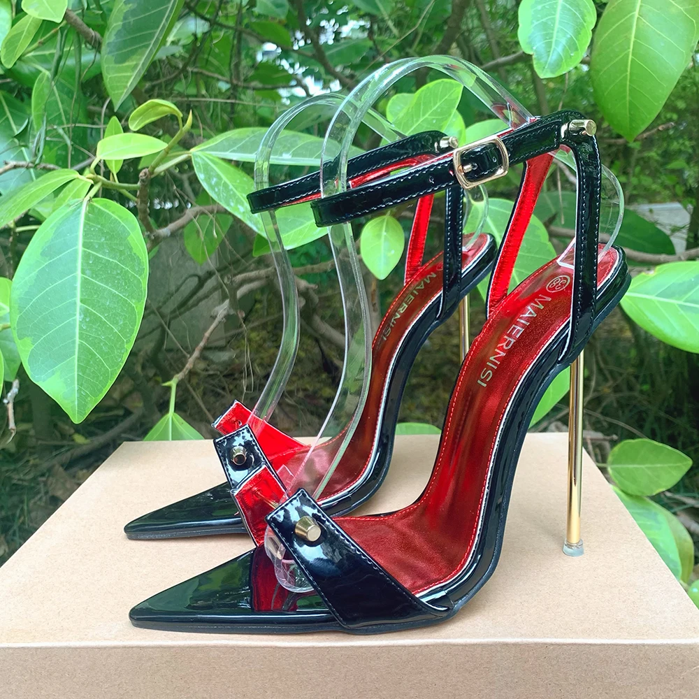 12cm Metal High Heels Stilettos Sexy Summer Sandal Women Pumps Ankle Strap Fetish Pointed Toe Black Slingback Unisex Shoes