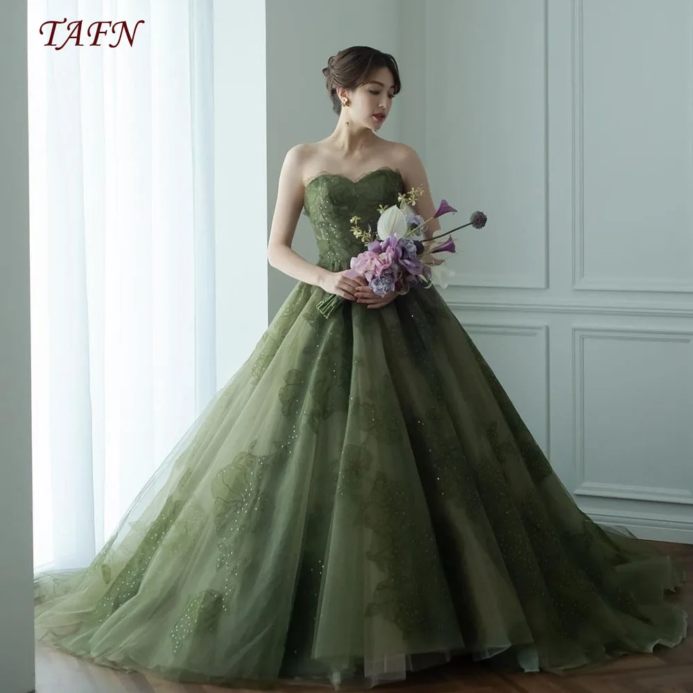 TAFN Pine Green Luxury Wedding Dresses Strapless A-line Ball Gown ウェディングドレス Sleeveless Bridal Gown Sweep Train Lace-up