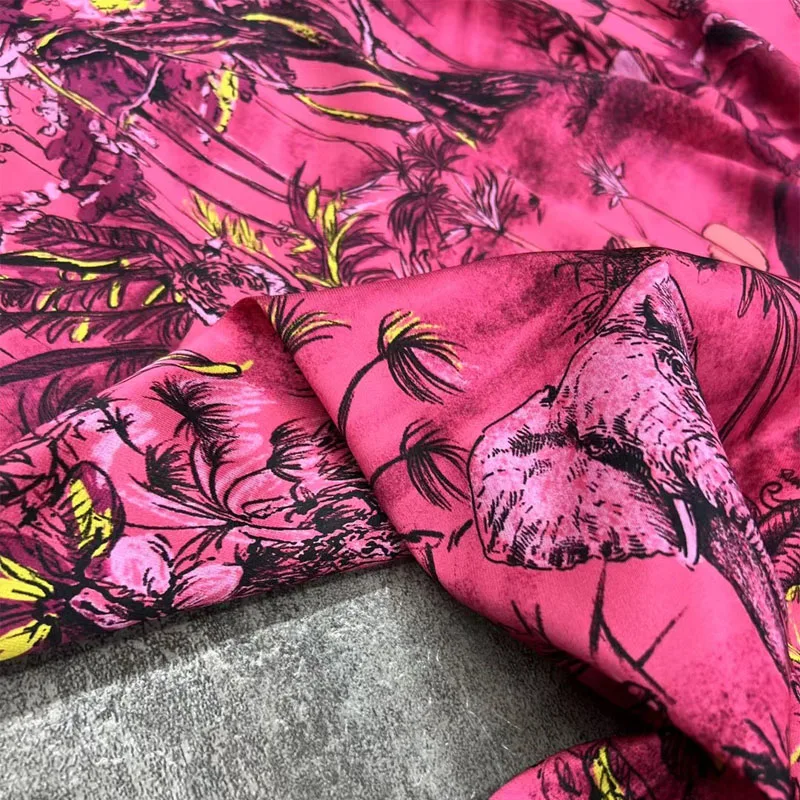 European And American Fashion Pink Jungle Animals Printed Twill Natural Silk Fabric For Women Dress Blouse Handmade DIY Cloth