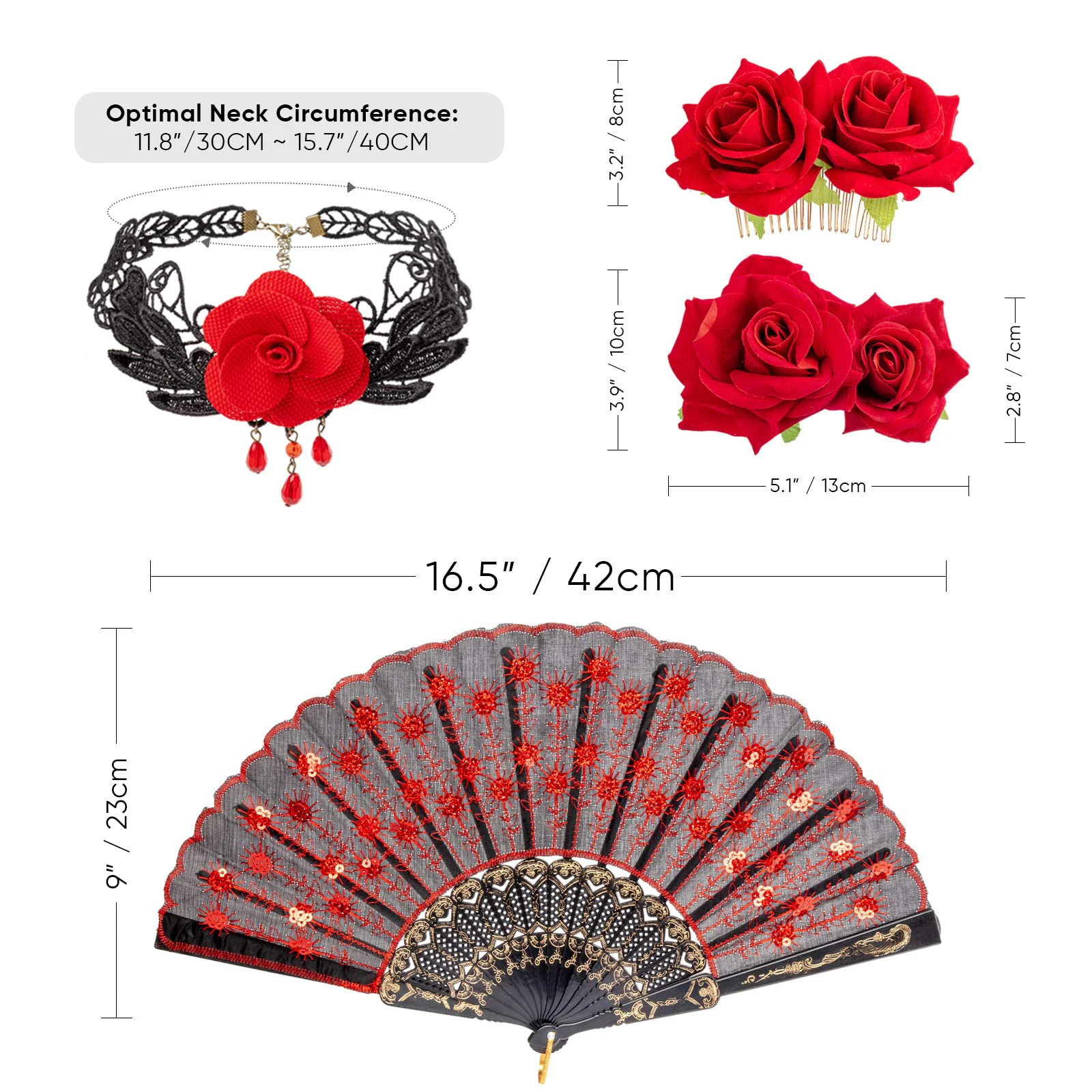 Rose Flower Hair Clip Embroidered Folding Fan Earrings Set Hair Accessories for Women Flamenco Dancer