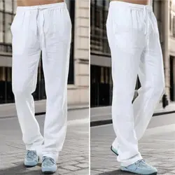 Men's Cotton Linen Trousers Men's Autumn New Breathable Leisure Solid Colour Drawstring Elastic Waist Running Trousers