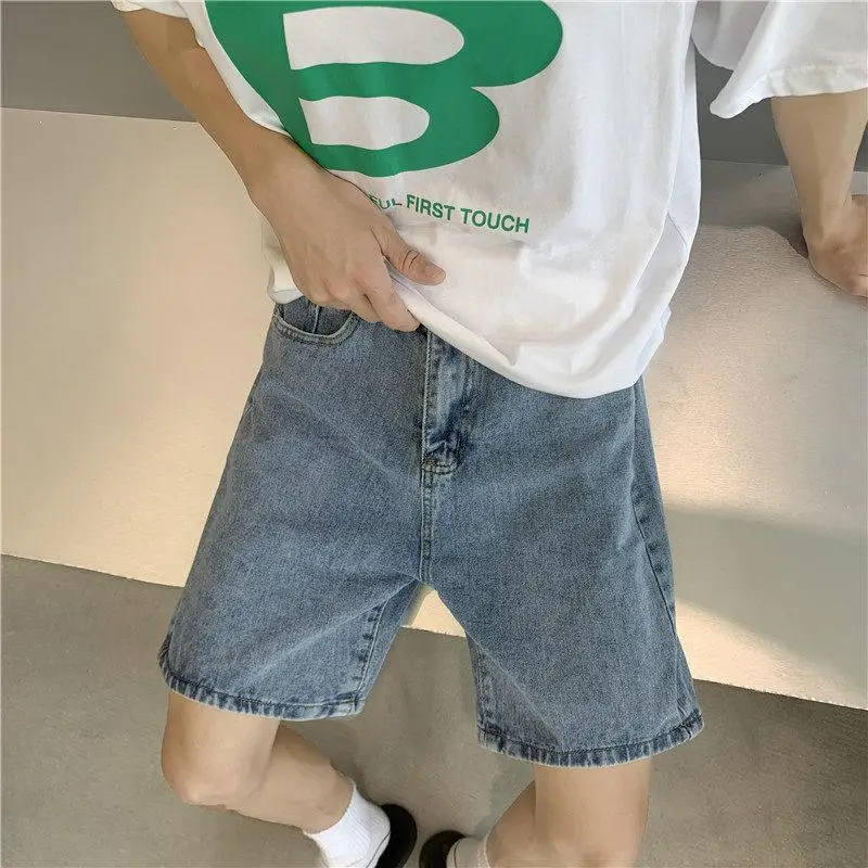

Trendy Straight Leg Jeans Shorts Men Summer High Street Light Color Harajuku Loose Casual Color Wide Leg Five-Quarter P...