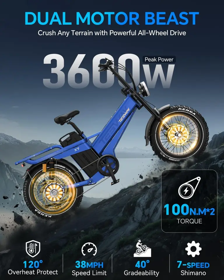 52V 3600W Dual Motor Ebike 200Miles Longest Range Electric Bike for Adults, 20" Fat Tire Full Suspension E Bike (X7 AWD, image 2