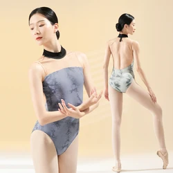 Women Ballet Leotards Turtleneck Sleeveless Ink Printing Dance Leotard Adult Girls Skate Pole Dancing Bodysuit Backless Swimwear