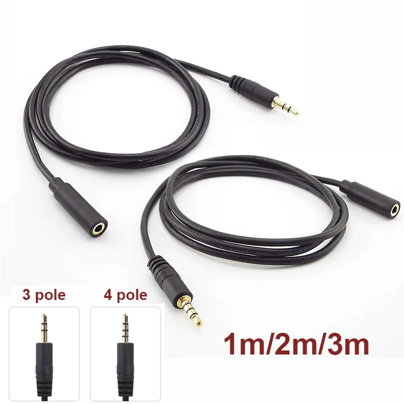 Cabo de extensão de áudio macho para fêmea, 3.5mm AUX Jack Cord, 3.5mm, Auxiliar Headphone, Fone de ouvido, Stereo, 3 Pole, 4 Pole, 1 m, 2 m, 3 m