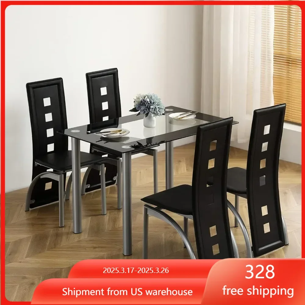 5-Piece Dining Table Set with 1 Glass Dining Table and 4 PVC ChairsKitchen & Breakfast Dining Living Room, Space Saving