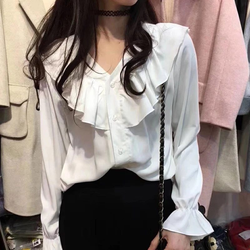 Shirts Women Solid Ulzzang Loose Temperament Ruffles Long-Sleeve Top Fashion Streetwear New Office Lady Korean Style All-match