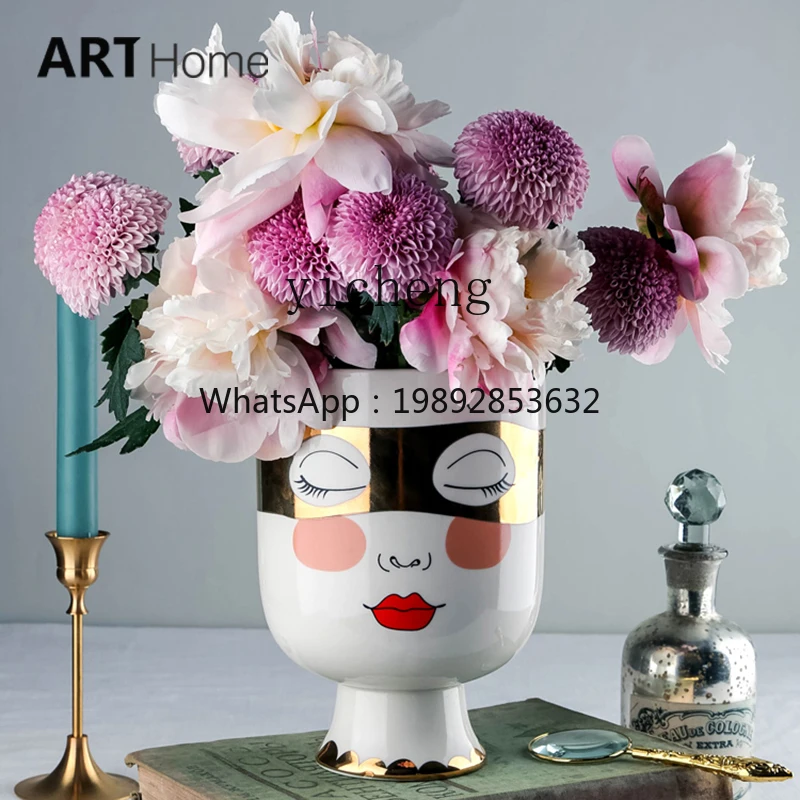 simple light luxury gold-plated ceramic double-sided expression face mask vase flower device soft decoration ornament