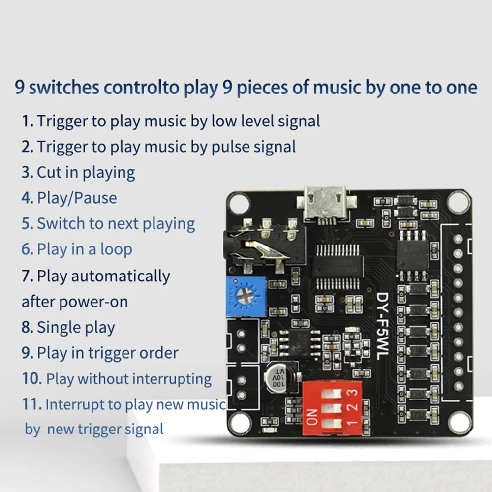 Imagem -05 - Módulo de Controlo de Reprodução de Mp3 de Voz Gatilho Um-para-um Classe d Áudio Personalizado F5wl para Mp3 Wav Armazenamento 32m 5w 9-way dc 75v