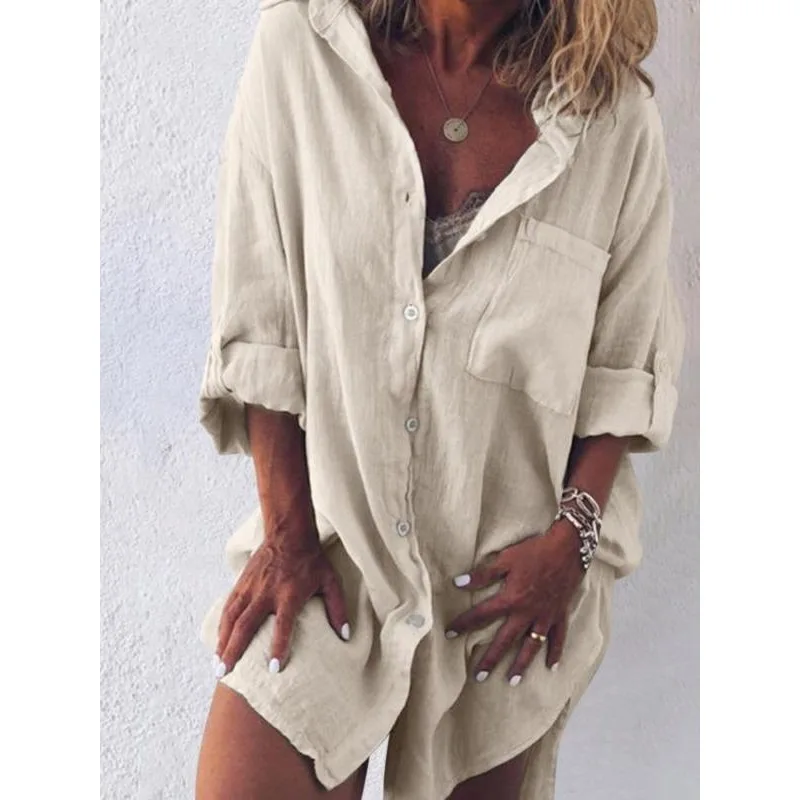 

Плюс размер 1XL-5XL, новая женская рубашка с пуговицами и лацканами, модная женская однотонная повседневная рубашка с карманами и длинными рукавами