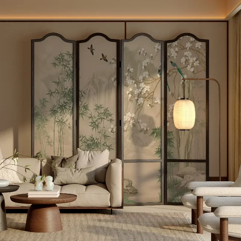 Song's Aesthetics New Chinese-style Zen flower and bird screen partition Living room porch opposite door Folding mobile solid wo