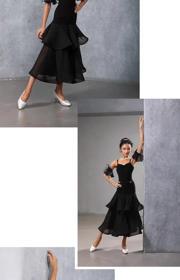Neues 3-teiliges Latein-Modern-Tanzkostüm-Set für Mädchen, doppellagiger, weit ausgestellter Rock, Bühnenoutfit für Ballsaal-Aufführungen – Detail 4