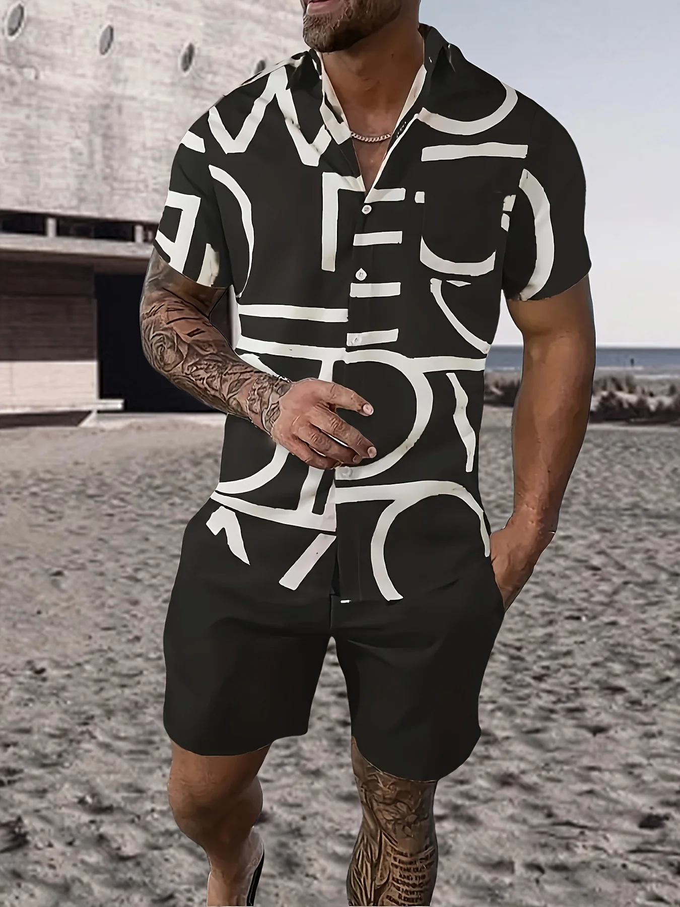 Summer Casual Shirt Set Two-Piece Hawaiian Short Sleeve Shirt and Drawstring Shorts Coordinated Set for Summer Streetwear Set