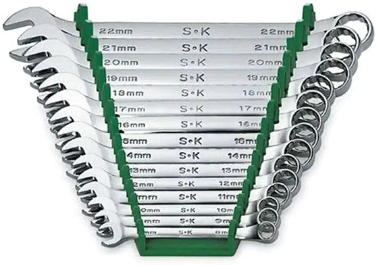 SK Professional Tools 86265 15-Piece 12-Point Metric Regular Long Combination Wrench Set - SuperKrome Finish,