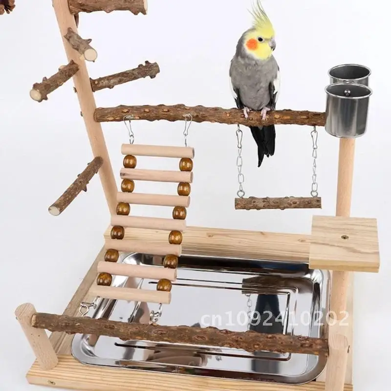 

Parrot Playstand Feeder Plays Stand Cockatiel Playground Wooden with Metal Playground Ladder Perch Plate Bird Gym Toy