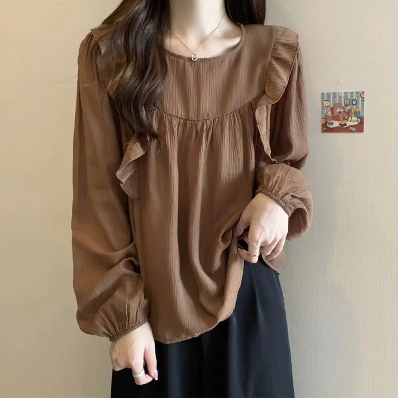 Ruffles Shirts and Blouses Korea Solid Elegant and Youth Woman Blouses Female Top Long Sleeve Chiffon Autumn Clothes 2024 New