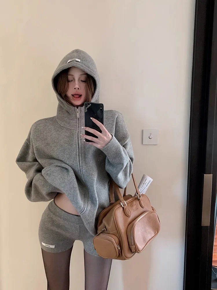 

American Hot Girl Knitted Hoodie Set Women's Autumn Open Cardigan Zipper Jaet High Waist orts Two Piece Set Trendy