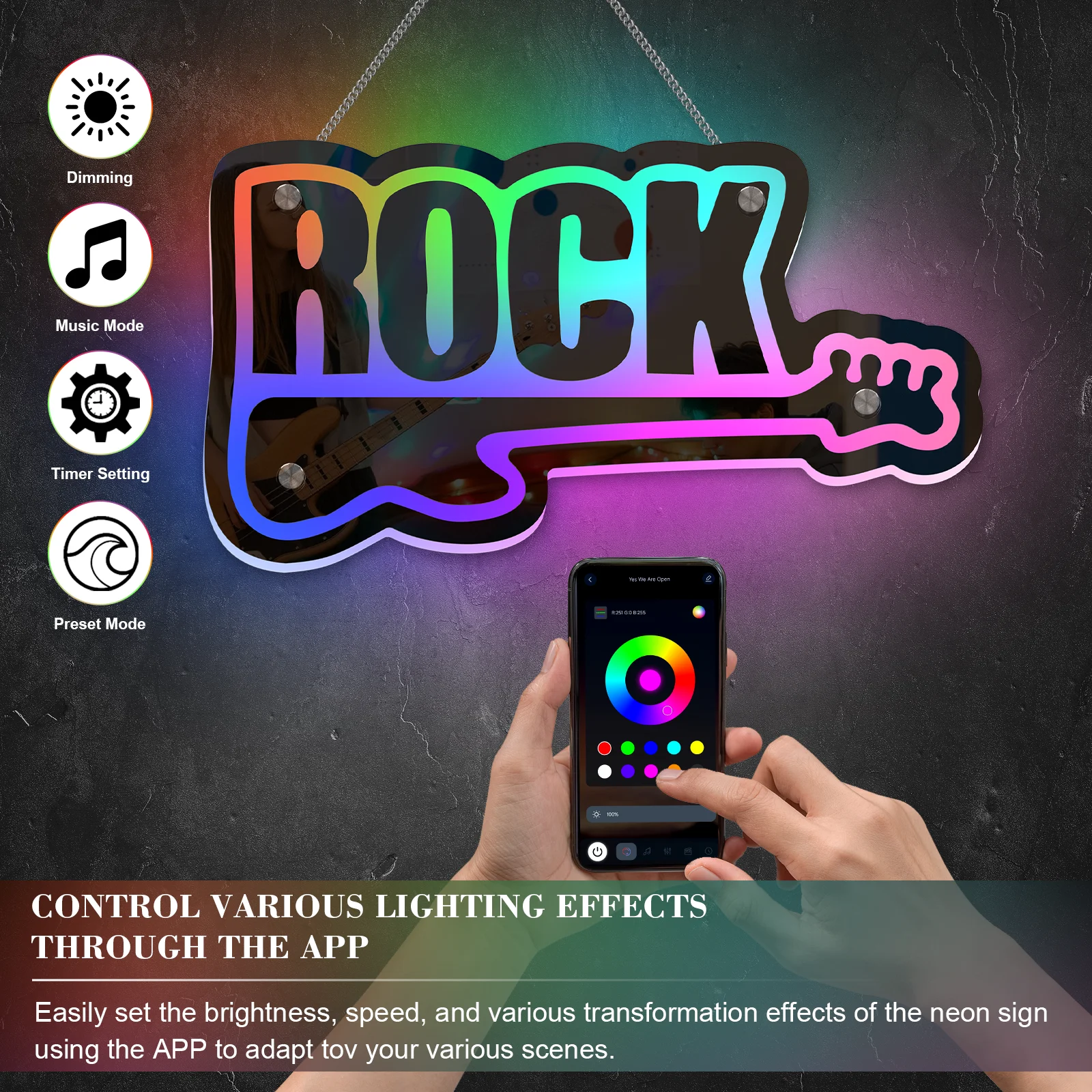 Rock with Guitar Neon Sign Mirror RGB Remote Control for Business Window Bar Shop Coffee Salon Hotel Store Music Party Pub