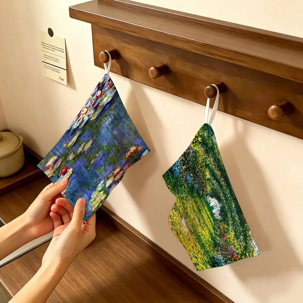Claude Monet Painting Art Hanging Polyester Cotton Towel, Reusable Hand Wiping Cloth, Wear Resistant for Home Kitchen Sink