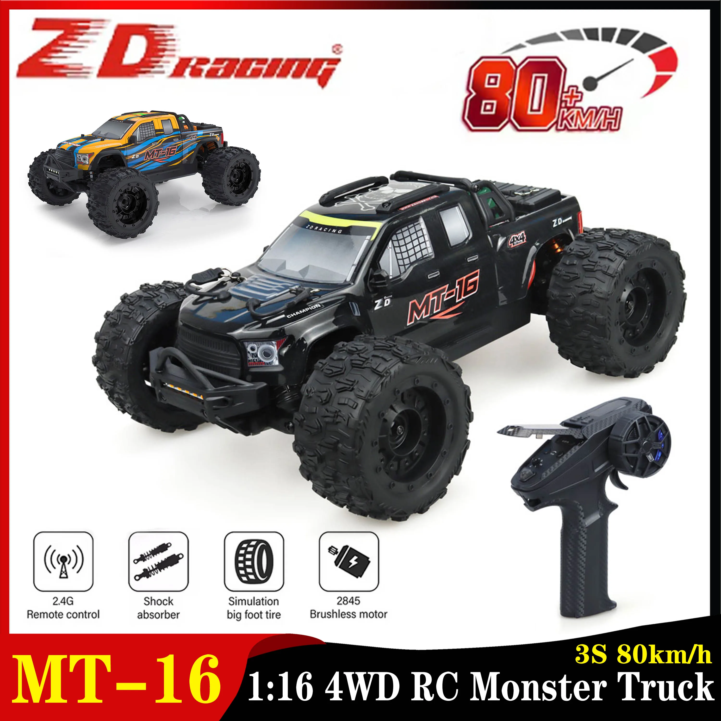

ZD Racing MT-16 1:16 RC Monster Truck 2.4G 4WD 3S 80km/h Remote Control Off-Road Car 2845 Brushless 3600KV Motor for Kids Adults