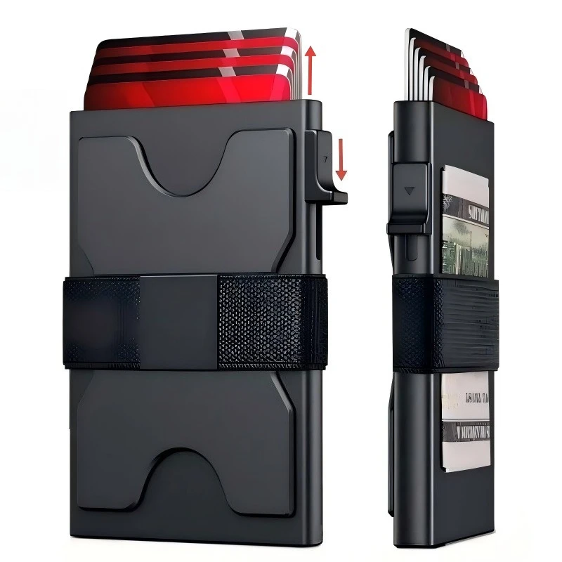 Herren Ultra-Dünne RFID-Blockierende Aluminium-Magnetische Pop-Up-Kartenetui-Geldbörse, Minimalistisches Bargeldband-ID-Kreditkartenhalter für Männer