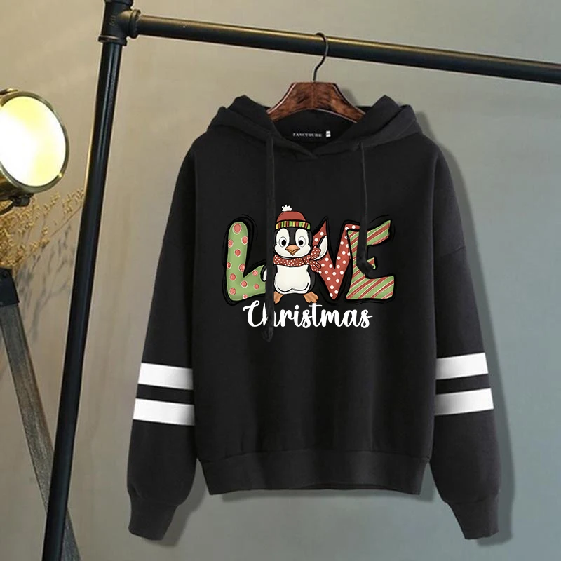 Hoodie motif cinta Penguin Natal baru untuk pria wanita Sweatshirt musim gugur musim dingin mode Streetwear Pullover bertudung untuk pria dan wanita