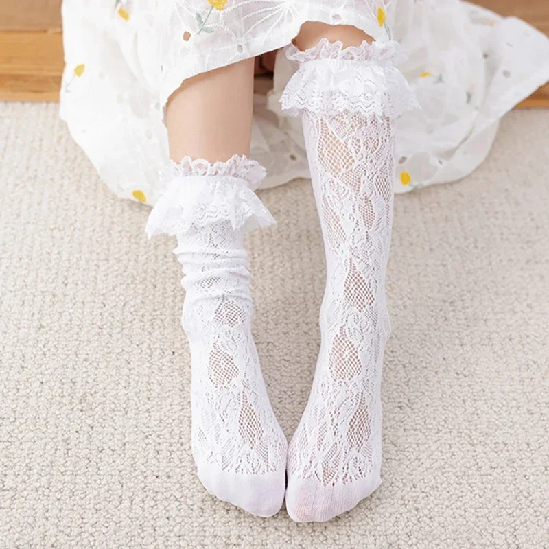 

Summer Thin Lace Mesh JK Lolita Frilly Stockings Cute Mother Kids Ruffle White Black Knee High Long Socks for Girls Children