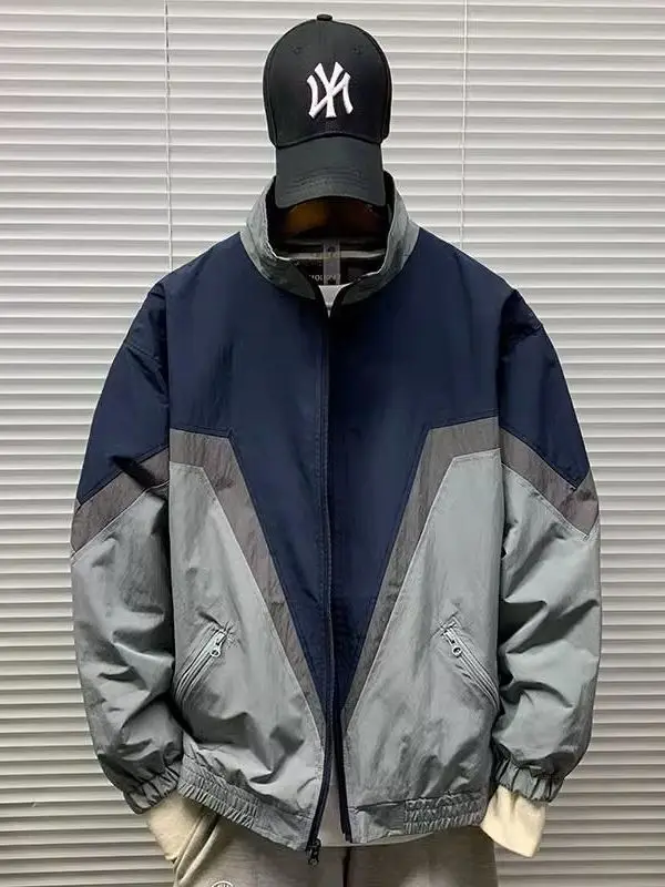 

Ретро-спортивная куртка с цветовыми блоками для мужчин, весна-осень, новая модель в американском стиле, с воротником-стойкой, ветрозащитная рабочая куртка