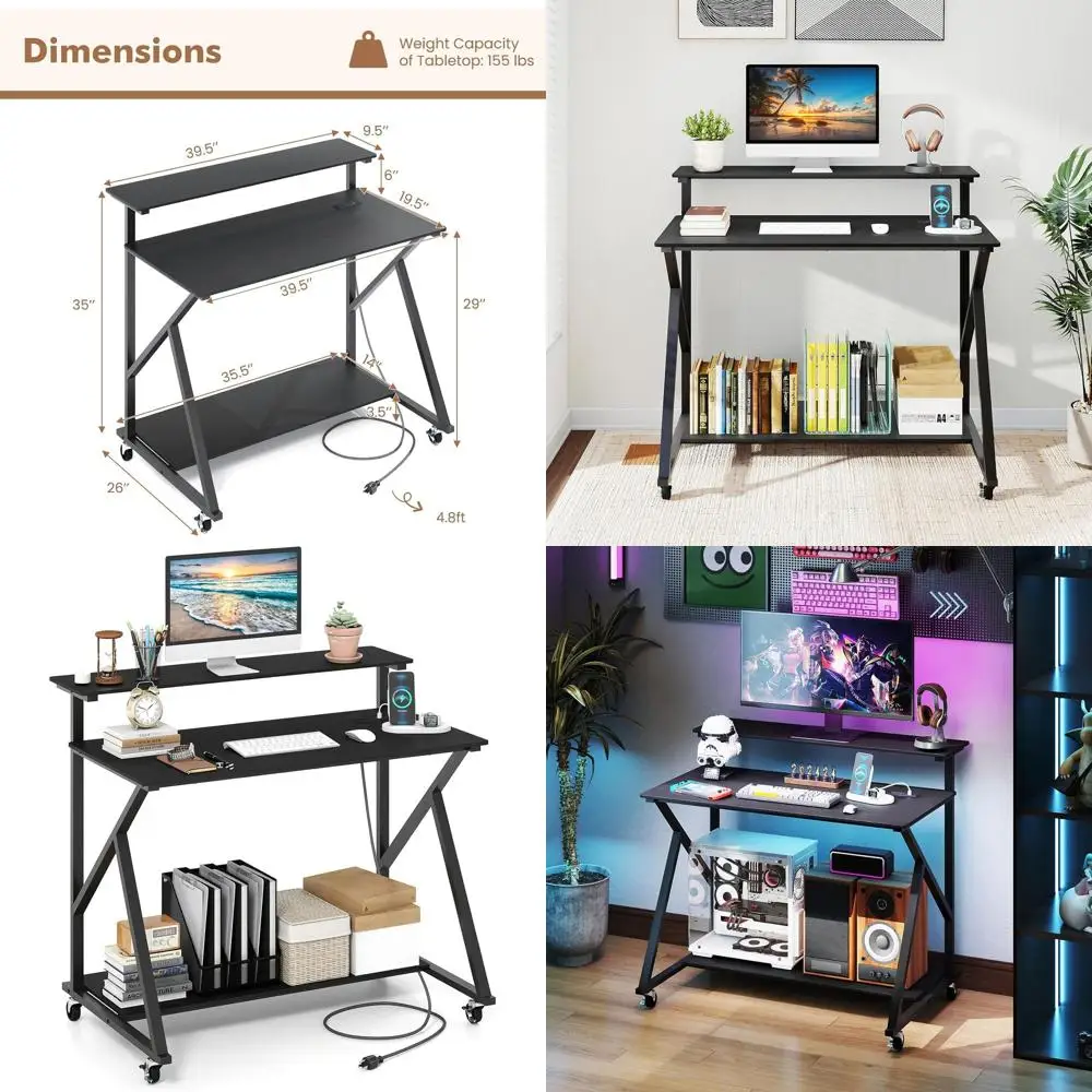 

Portable Laptop Desk with Charging Station, Monitor Stand, and Storage for Small Spaces, Mobile Home Office Desk in Black
