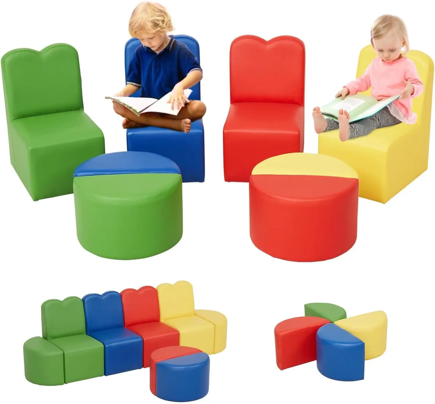 8pcs Kids Sofa Seating Set - Convert to Table and 4 Chairs Colorful Stools for Toddlers, Daycare Kids Furniture Modular Sofa S