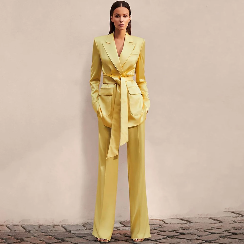 

Fashion Women's Blazer Suits Customized Yellow Belt Coat Formal Peak Lapel Straight 2 Piece Jacket Pants Female Clothing 2026
