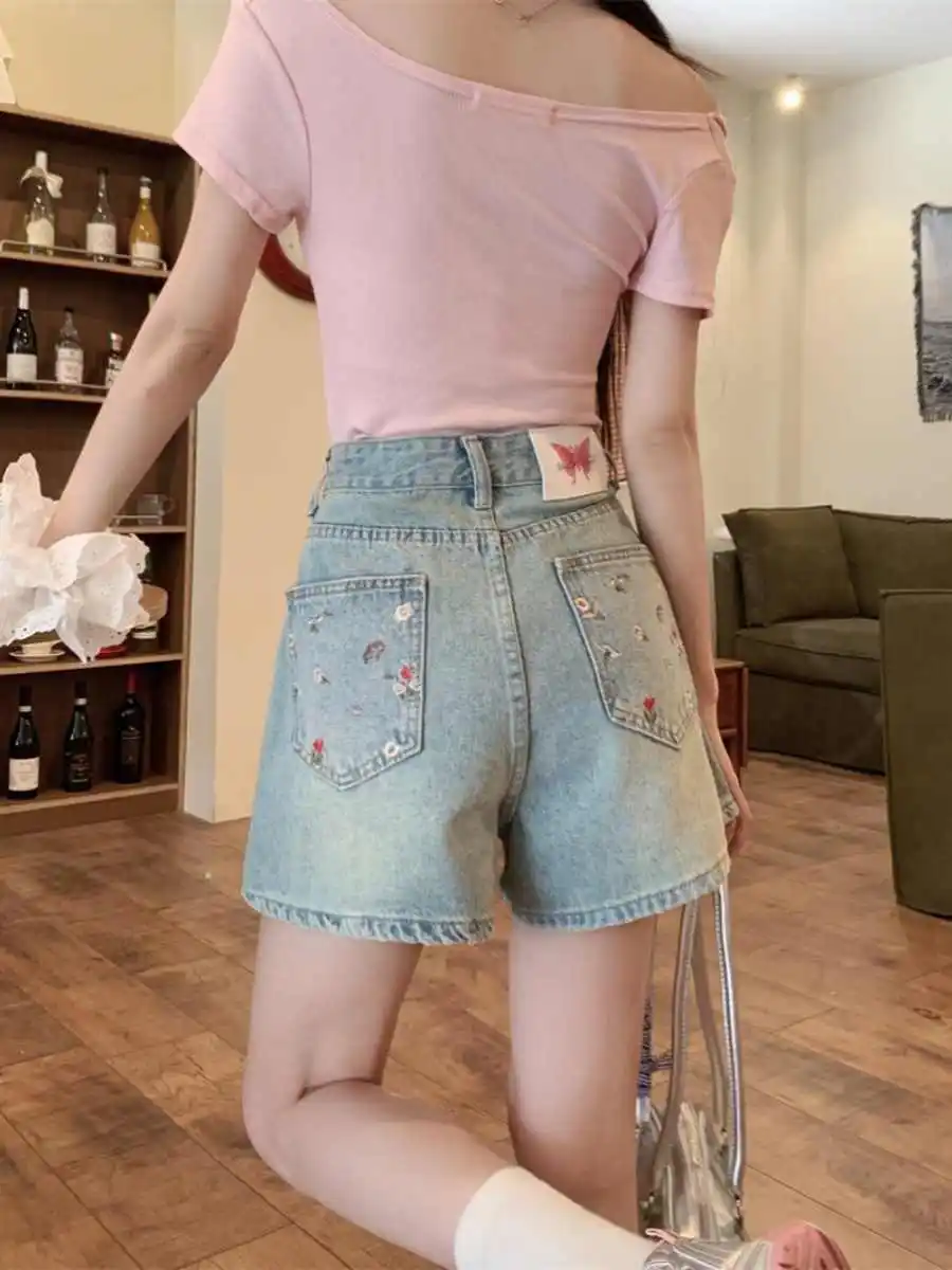 

Plus Size Women Denim Short Pants Summer High Waist Embroidery Wide Leg Shorts American Style Lady Casual Jean Pant