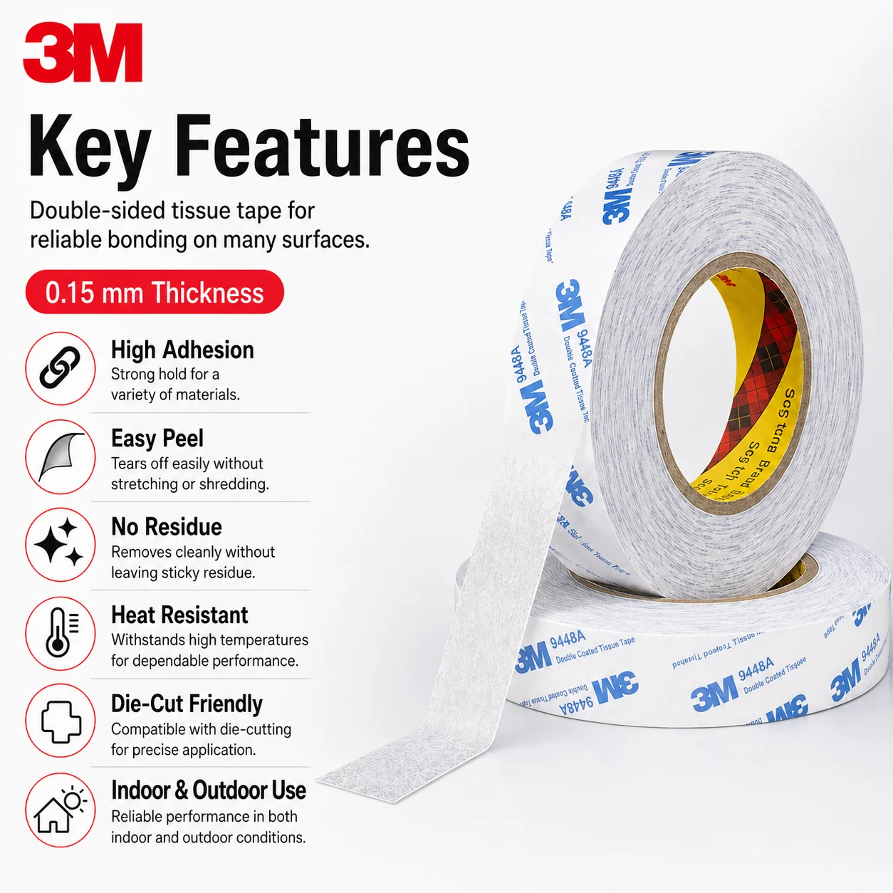 3M 9448A Double Sided Tape Strong Adhesive Tissue Tape 0.15MM for Foam Nameplate Plastic Film Industrial Bonding 50M