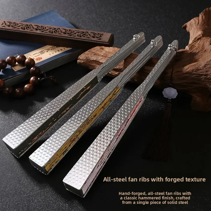 Alloy Metal Tessen Folding Fan New Design Plain Silk Tai Chi Self Defense Martial Arts Kung Fu Iron Fan