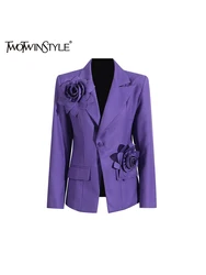 TWOTWINSTYLE Solid Spliced Appliques Loose Blazers For Women Lapel Long Sleeve Tunic Temperament Coat Female Fashion Style New