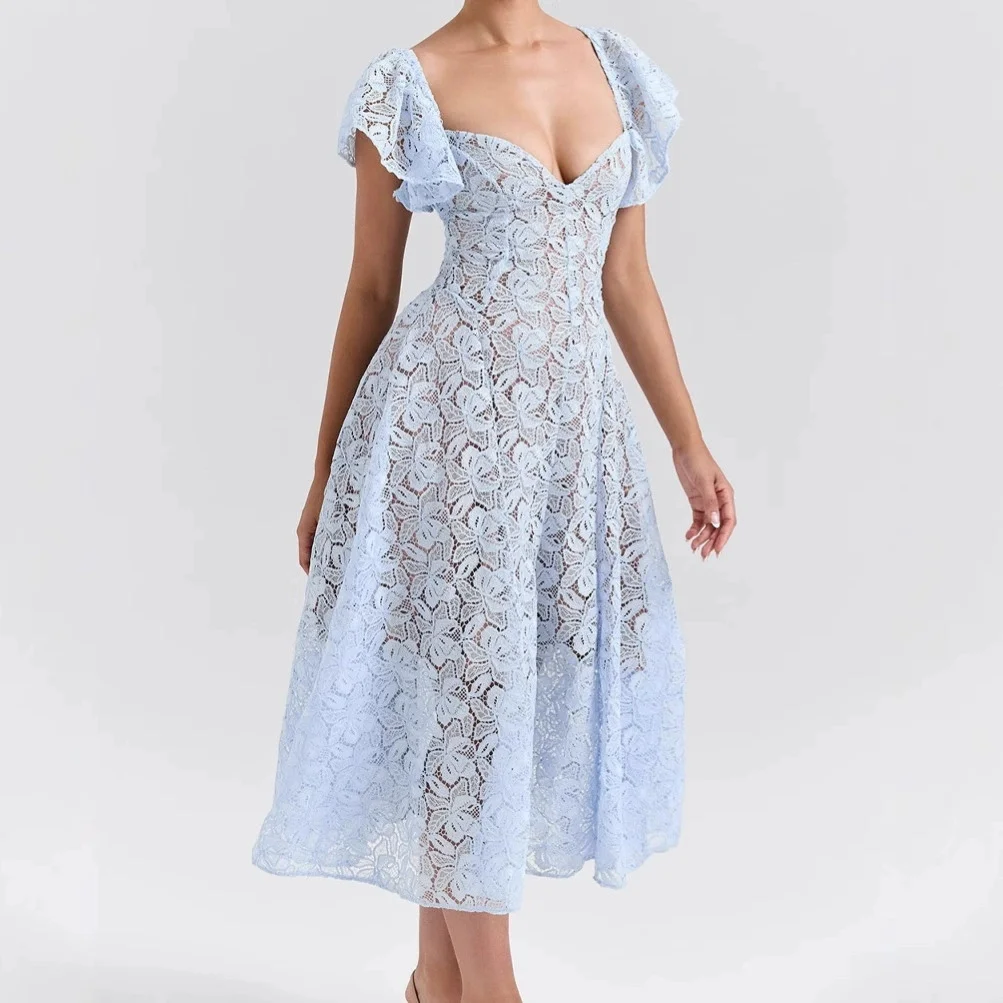 Charming Blue Cocktail Dresses for Women Vintage Lace A Line Prom Gowns Elegant Ankle Length Homecoming Celebrity Party Skirts