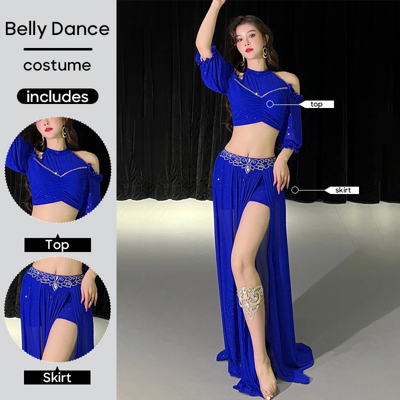 Tuta da lavoro per performance sul palco per donne adulte, pratica, allenamento, costume di danza del ventre, abito sexy, set da 2 pezzi, top e gonna