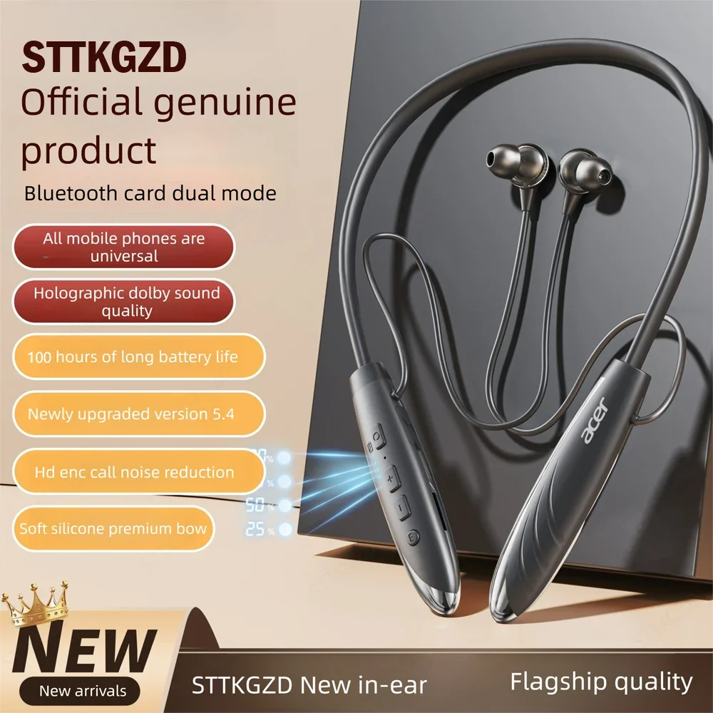 

STTKGZD Беспроводные наушники с шейным ремешком, Bluetooth-наушники с микрофоном, длинная батарея, высококачественная гарнитура, спортивная для TF-карты