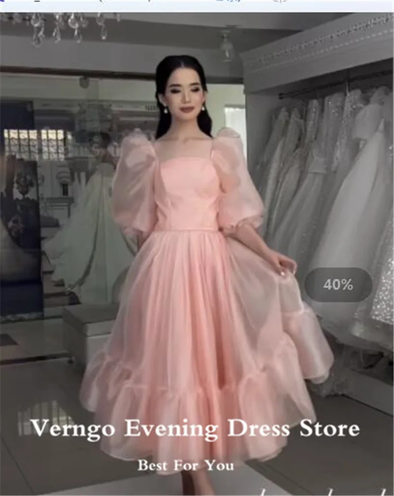 Verngo Simple A Line Organza Prom Dresses Wedding Party Dress Puff Sleeves Sweetheart Ankle Length Party Graduation Gowns