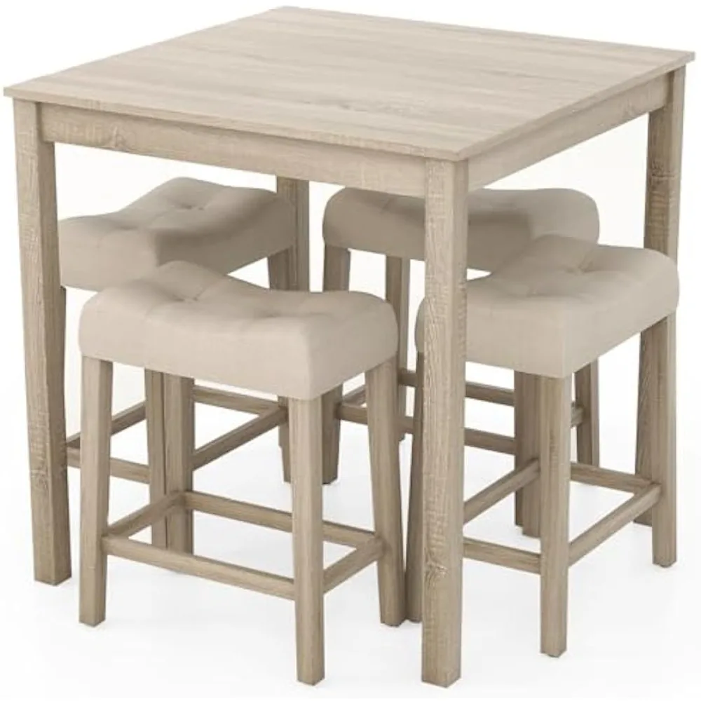 

5-Piece Bar Table Set with 35”x35 Square Table, 18”x11 Padded Stools, Rubber Wood Legs, Footrest, Bar Table and Chairs Set for