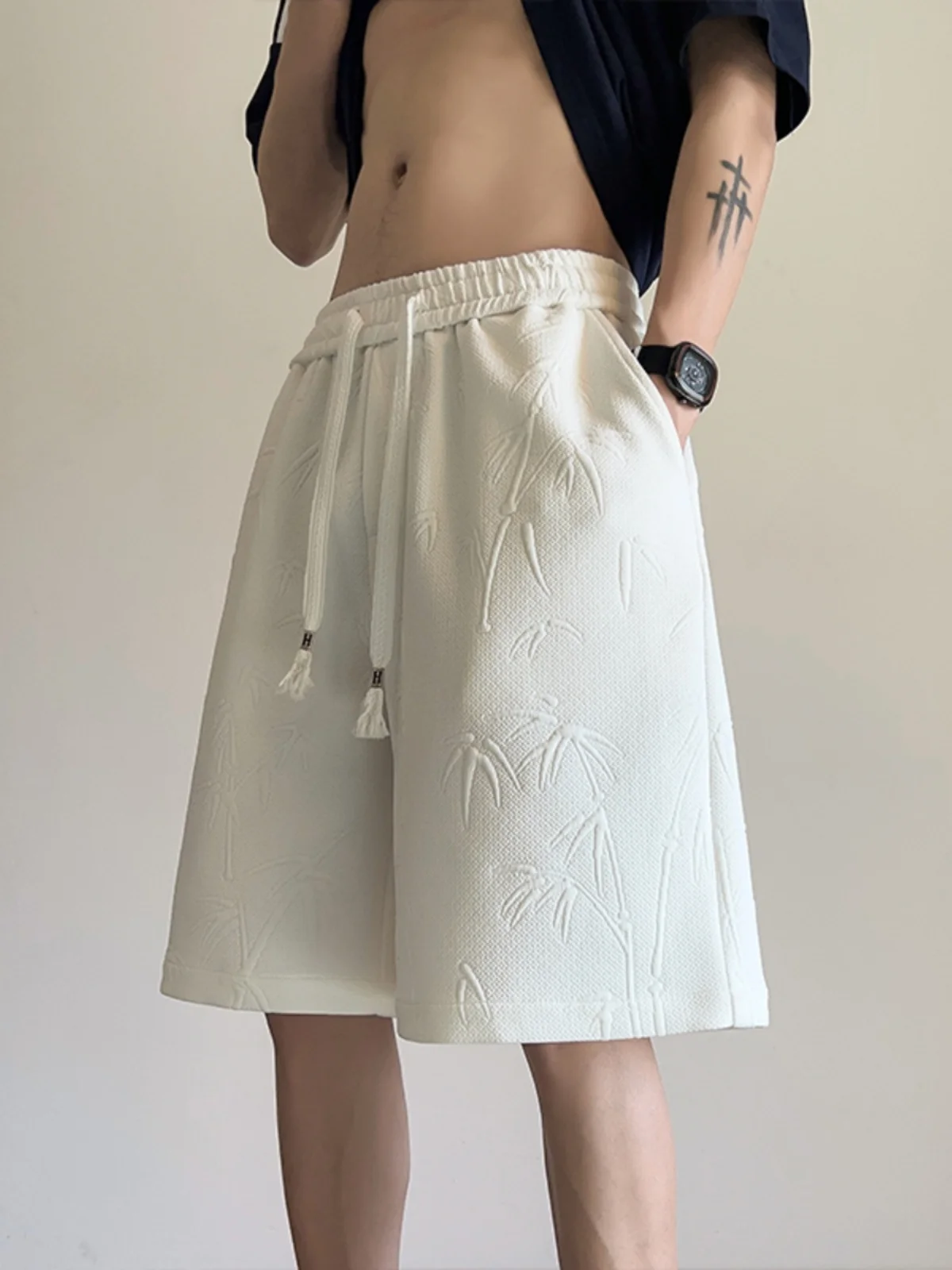 

Новые китайские тяжелые мужские брюки orts с летней текстурой и бамбуковой вышивкой, свободные повседневные брюки средней длины пять четвертей