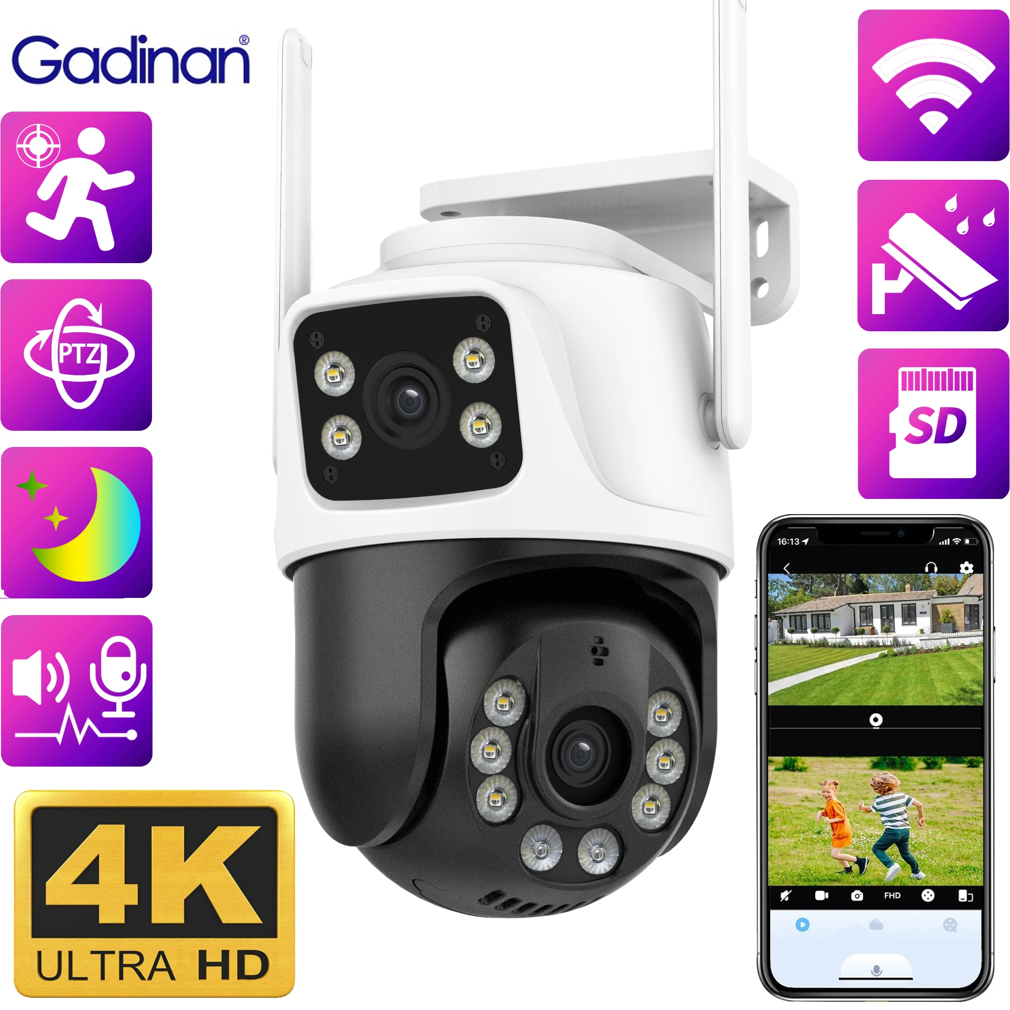 Gadinan 4K 8MP Dual Screen Wifi Camera Outdoor PTZ CCTV Ai Human Detection & Tracking Color Night Vision Wireless Monitor ICSee